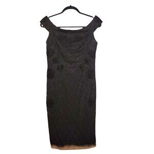 Adrianna Papell Black Off The Shoulder Beaded Floral Evening Dress Size 6